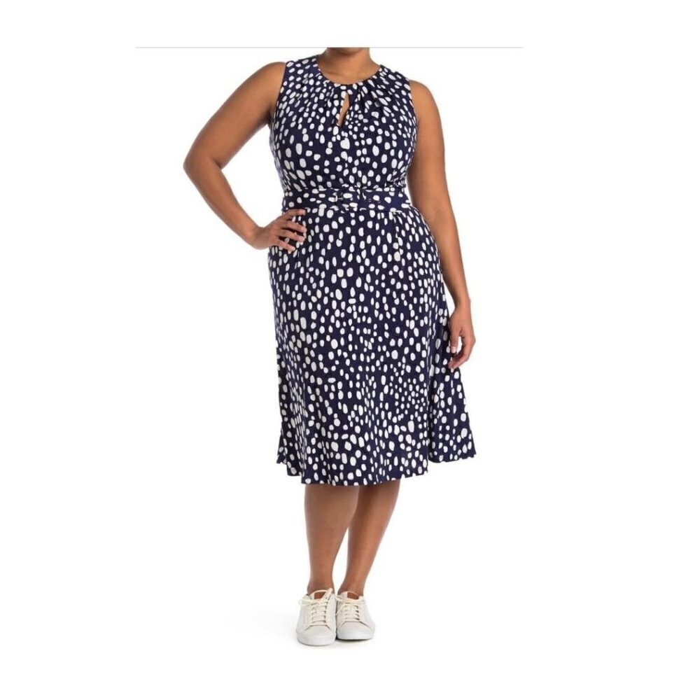 London Times Womens Blue Polka Dot Sleeveless Belted MIdi Dress Plus Sz 18W New